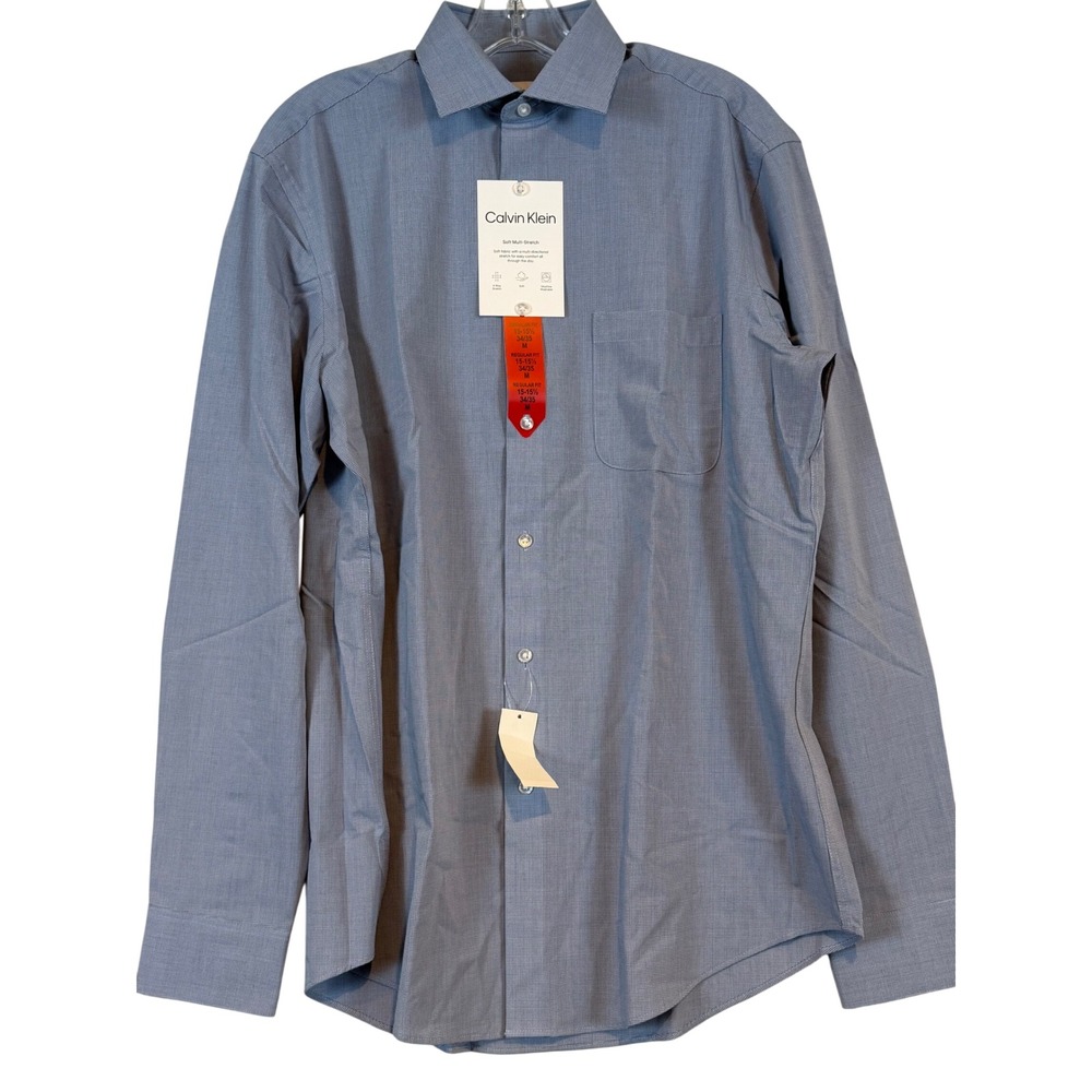 Calvin Klein Mens Regular Fit Soft Multi-Stretch Dress Shirt Blue 15-15.5 34/35